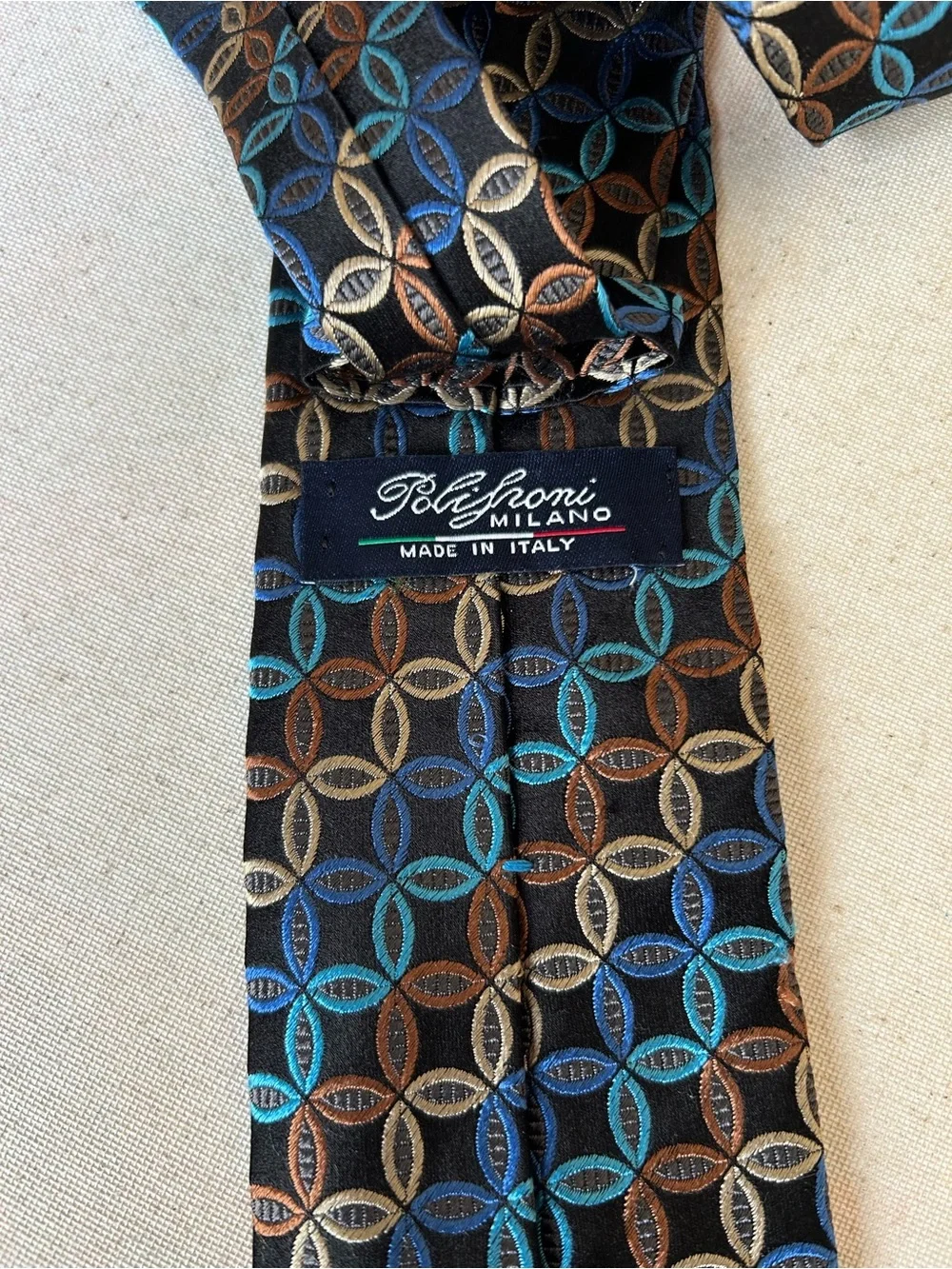 Polifroni Milano Men's Black Silk Tie w/Blue, Gold, Bronze & Teal Pattern